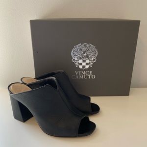 Vince Camuto Jesika Black Leather Open Toe Mule Heel Sandal